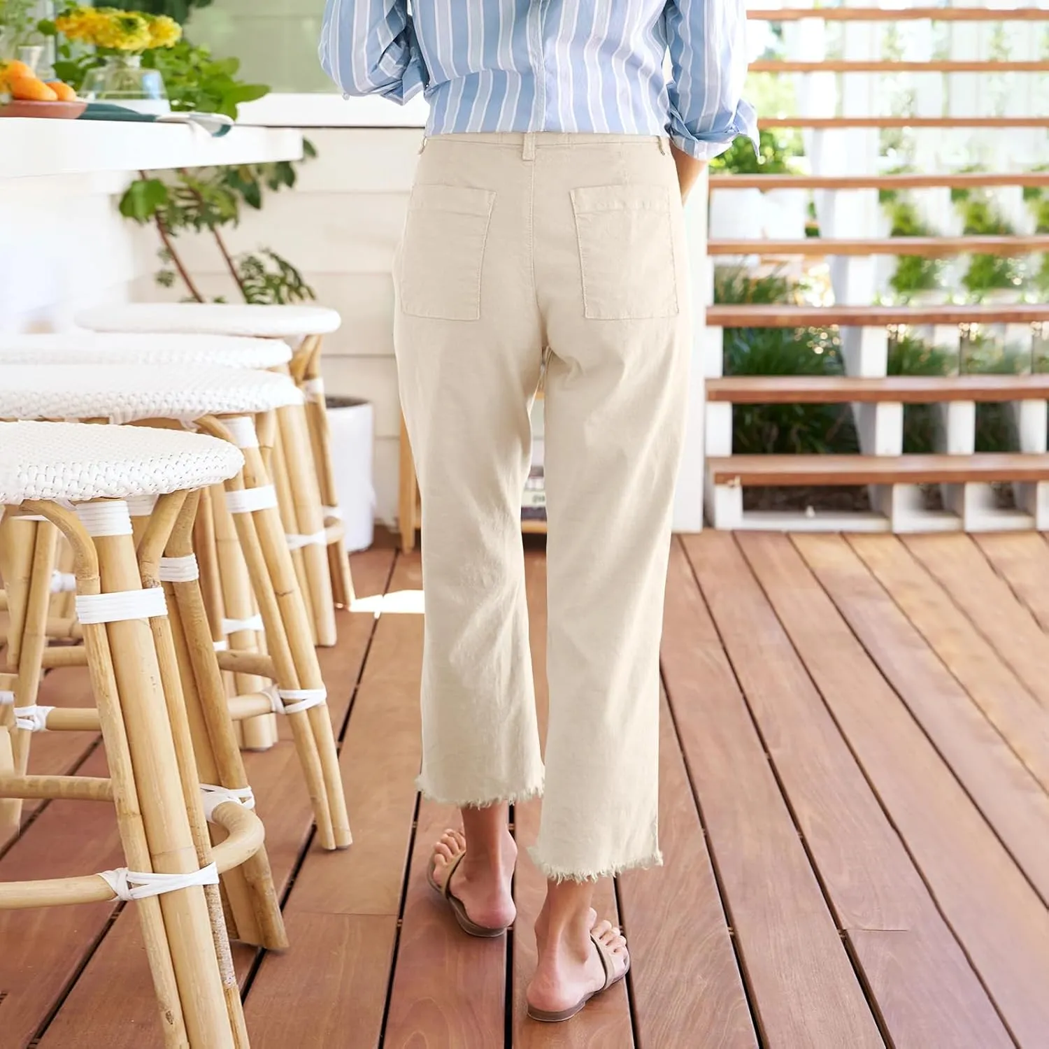 Women Linen Pants Wide Leg Cropped Pants with Raw Hem Casual Chino Pants with Pockets Loose Dressy Sailor Pants