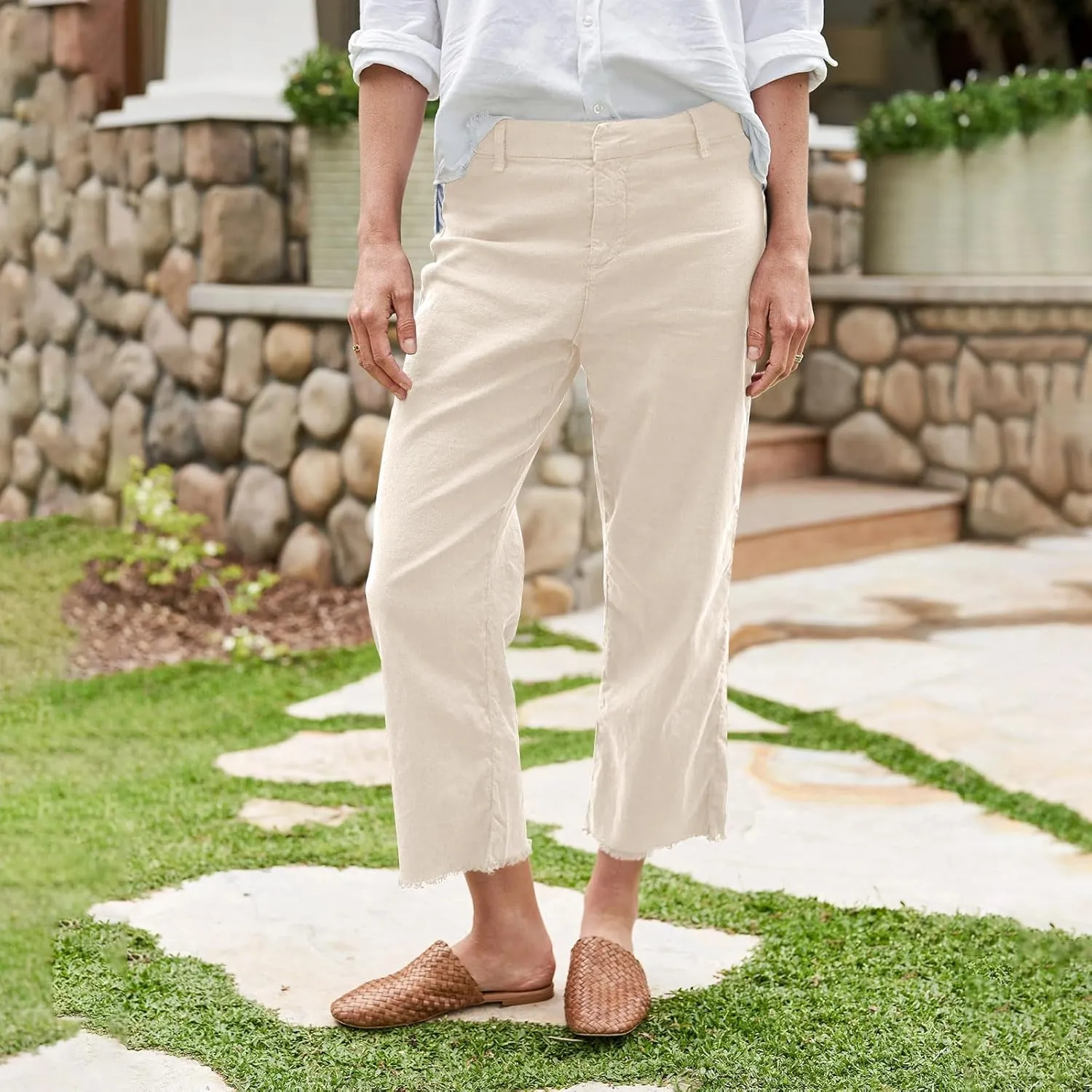 Women Linen Pants Wide Leg Cropped Pants with Raw Hem Casual Chino Pants with Pockets Loose Dressy Sailor Pants