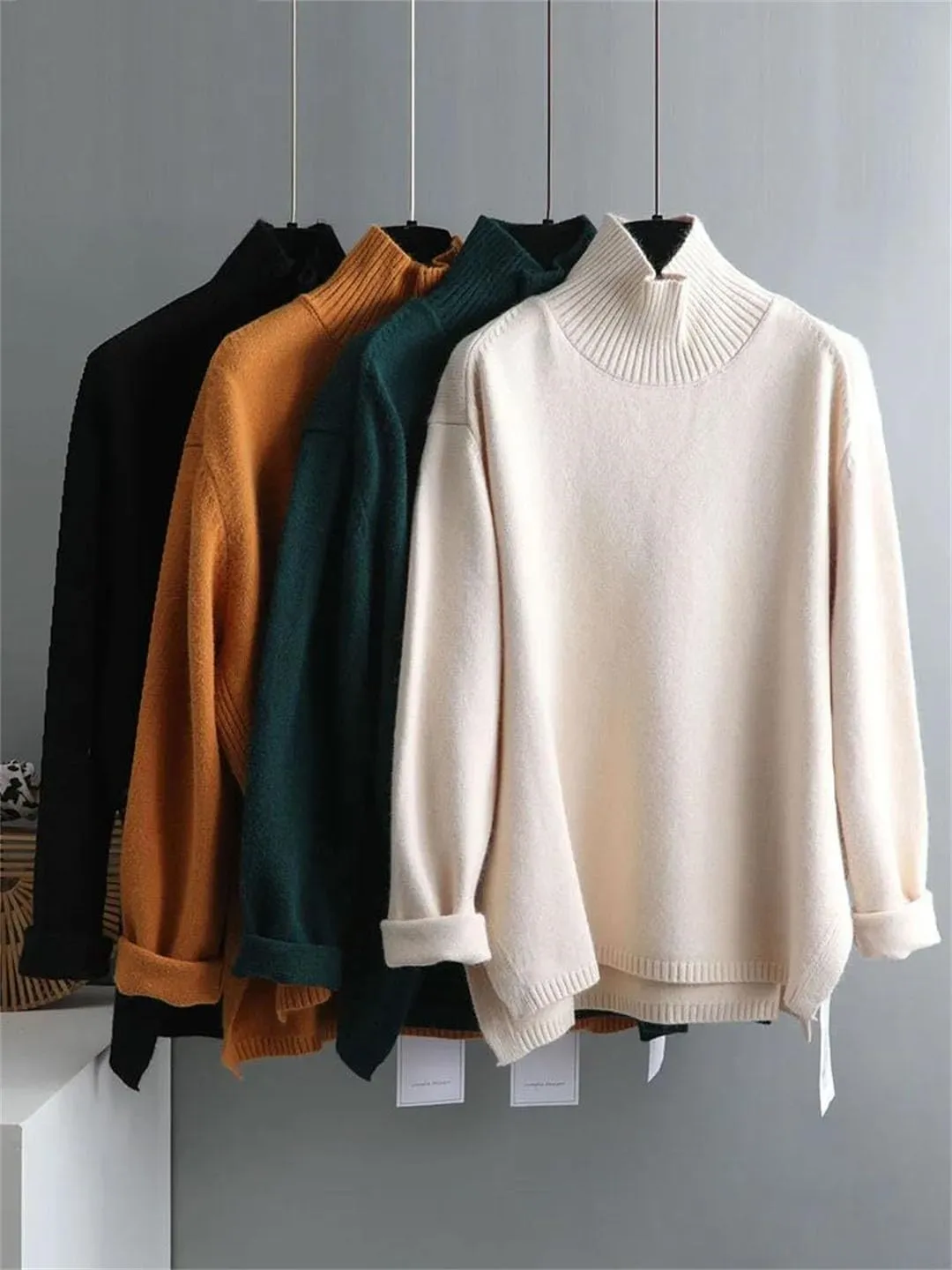 Women Split Side Oversize Sweater Pullovers Loose Cashmere Turtleneck Big Size Sweater Pullover