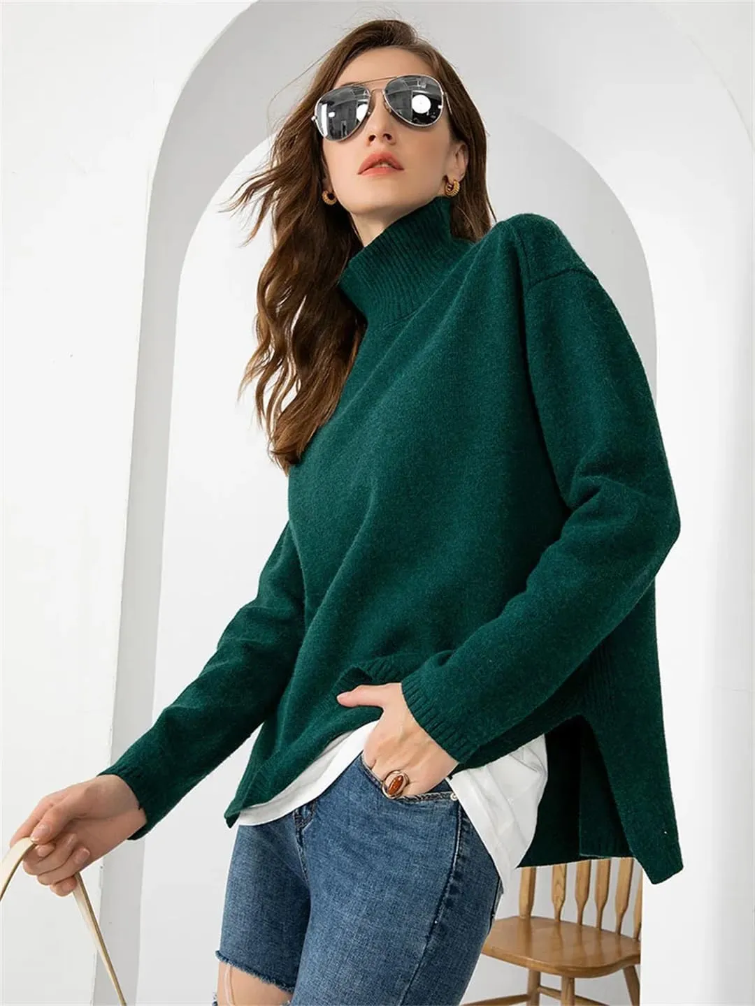 Women Split Side Oversize Sweater Pullovers Loose Cashmere Turtleneck Big Size Sweater Pullover