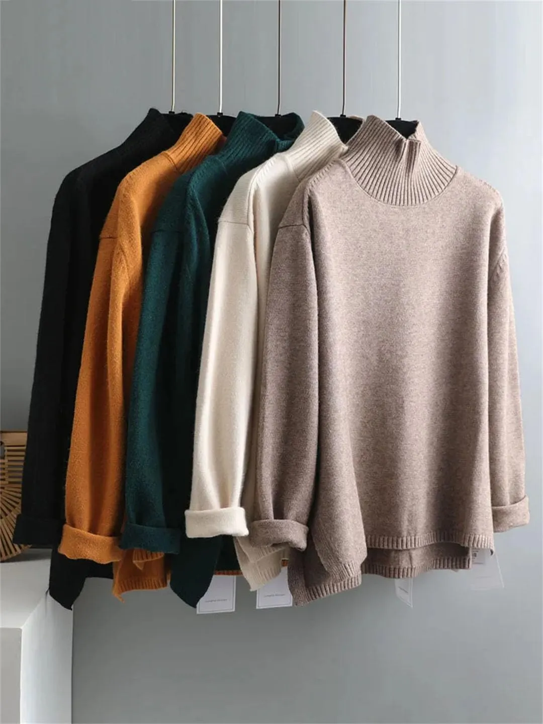 Women Split Side Oversize Sweater Pullovers Loose Cashmere Turtleneck Big Size Sweater Pullover