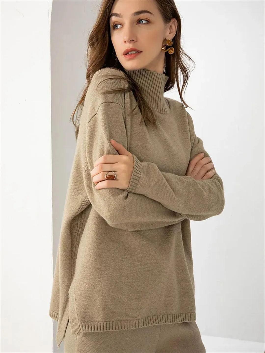 Women Split Side Oversize Sweater Pullovers Loose Cashmere Turtleneck Big Size Sweater Pullover