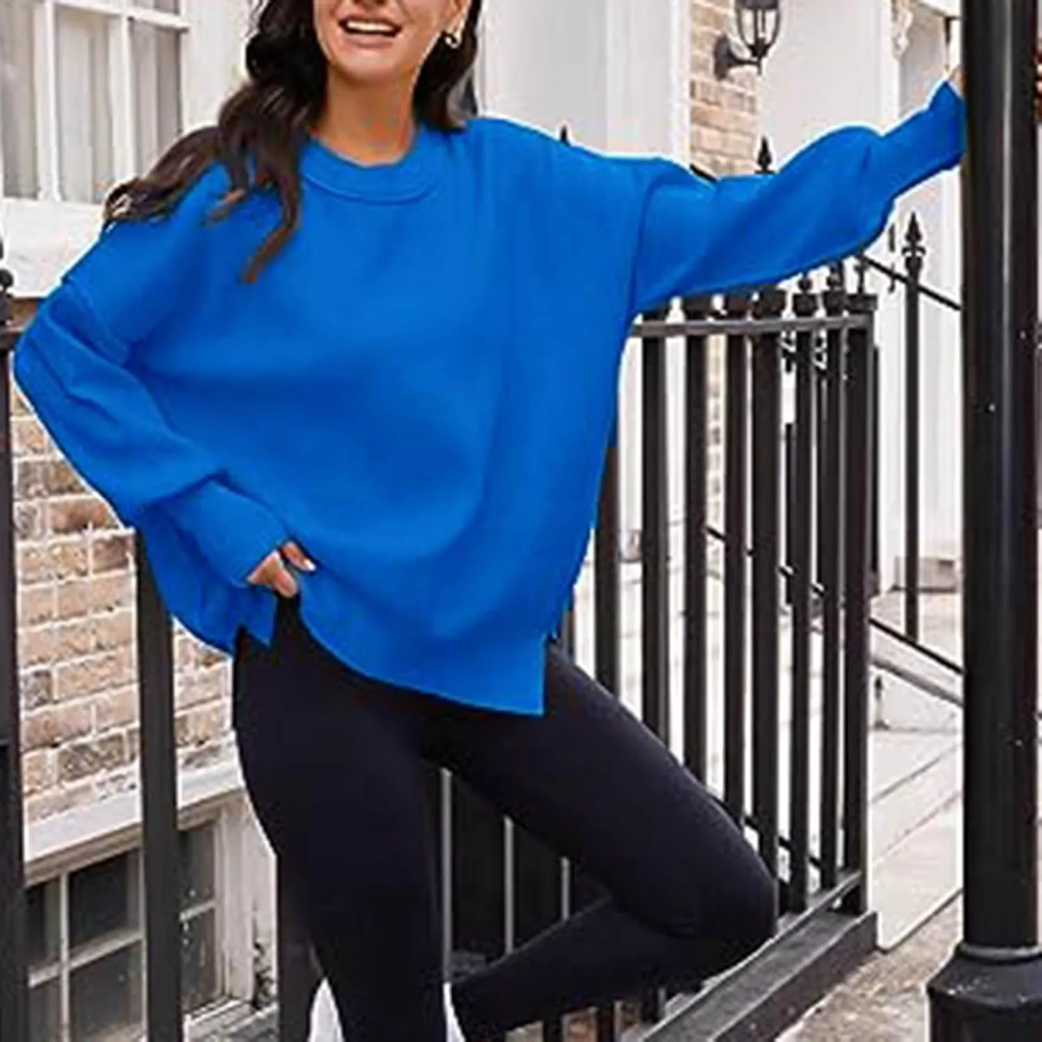 Womens 2023 Oversized Sweaters Batwing Long Sleeve Pullover Sweaters Side Slit Ribbed Knit Sweaters Jumper Tops