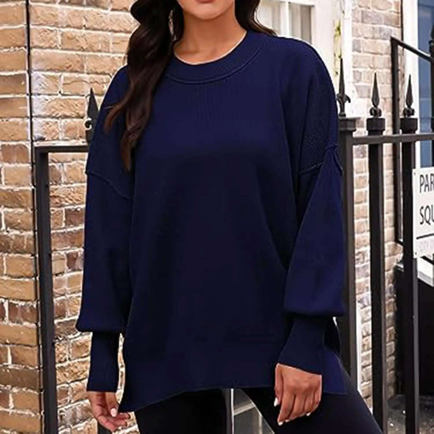 Womens 2023 Oversized Sweaters Batwing Long Sleeve Pullover Sweaters Side Slit Ribbed Knit Sweaters Jumper Tops
