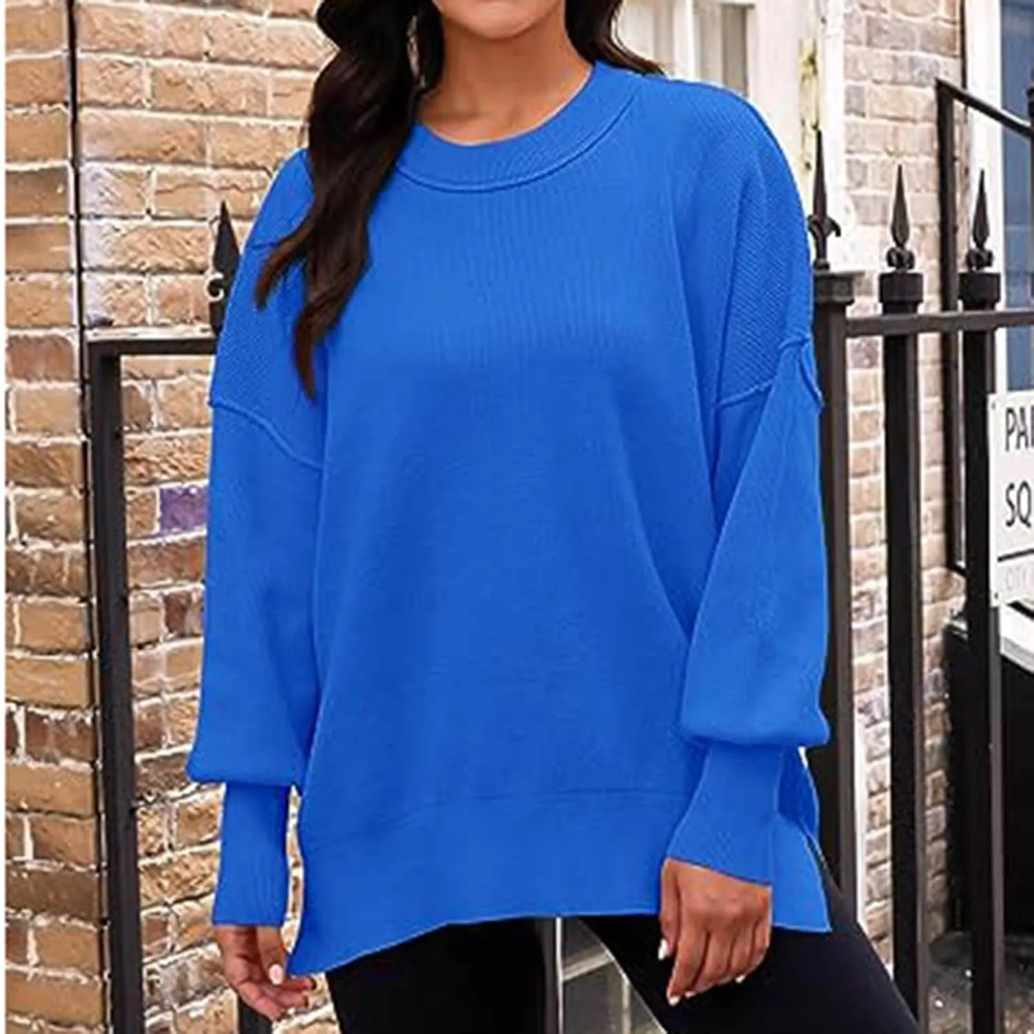 Womens 2023 Oversized Sweaters Batwing Long Sleeve Pullover Sweaters Side Slit Ribbed Knit Sweaters Jumper Tops