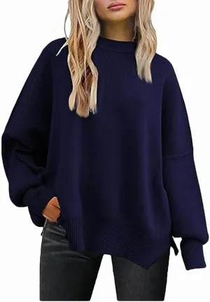 Womens 2023 Oversized Sweaters Batwing Long Sleeve Pullover Sweaters Side Slit Ribbed Knit Sweaters Jumper Tops