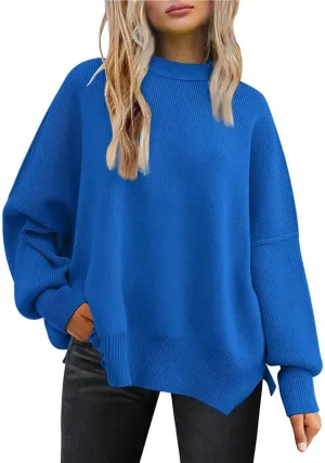 Womens 2023 Oversized Sweaters Batwing Long Sleeve Pullover Sweaters Side Slit Ribbed Knit Sweaters Jumper Tops