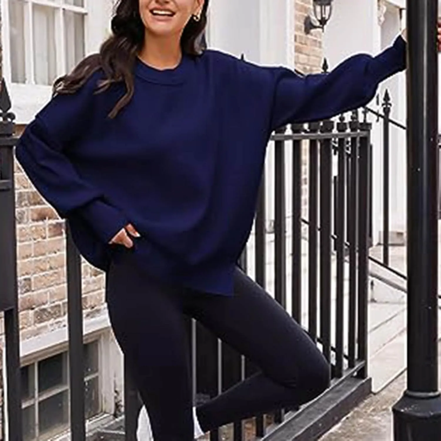 Womens 2023 Oversized Sweaters Batwing Long Sleeve Pullover Sweaters Side Slit Ribbed Knit Sweaters Jumper Tops