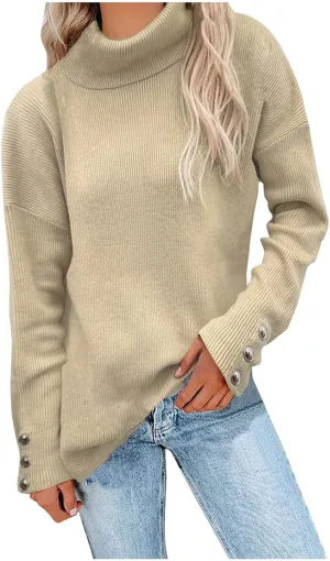 Womens 2023 Turtleneck Sweaters Long Sleeve Fall Sweaters Solid Ribbed Knitted Sweaters Casual Pullover Tops