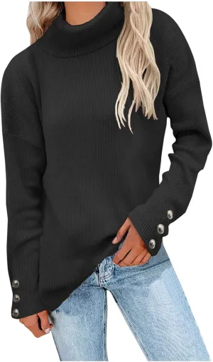 Womens 2023 Turtleneck Sweaters Long Sleeve Fall Sweaters Solid Ribbed Knitted Sweaters Casual Pullover Tops