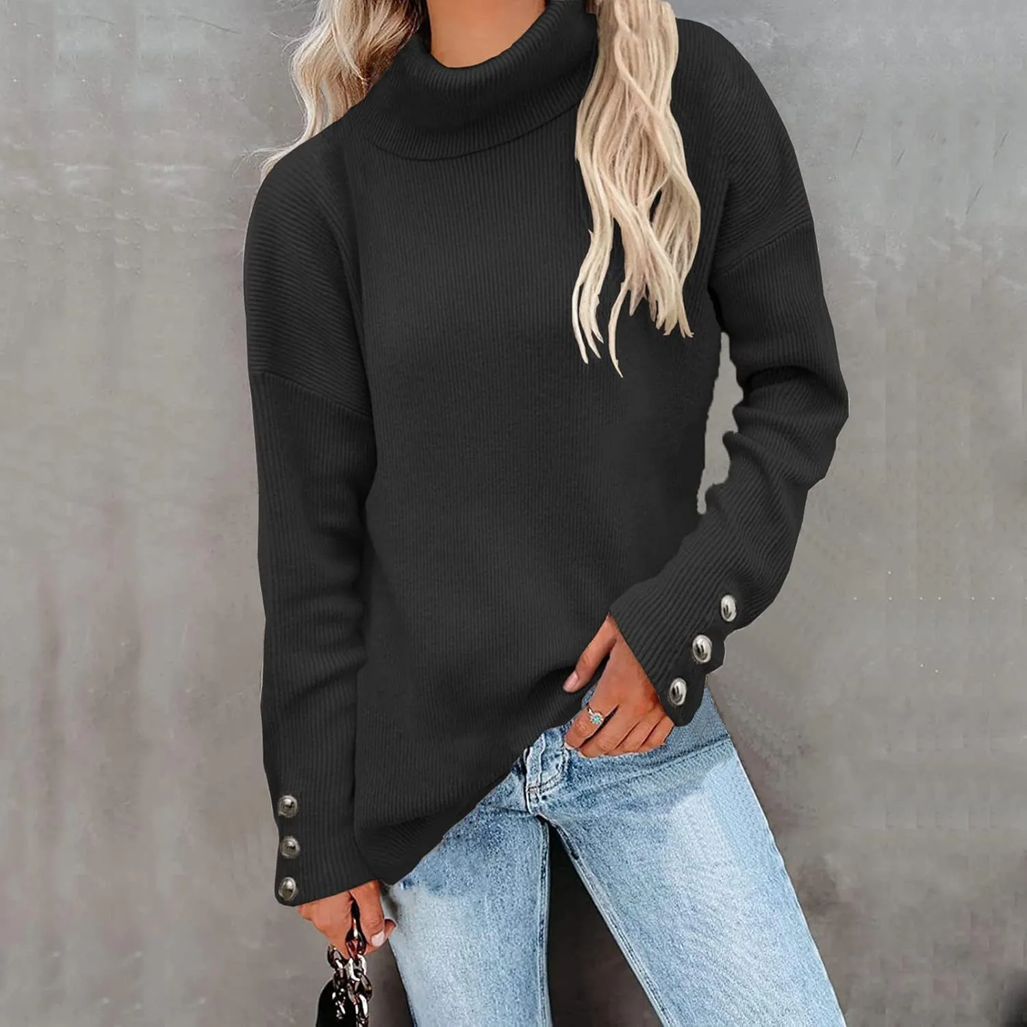 Womens 2023 Turtleneck Sweaters Long Sleeve Fall Sweaters Solid Ribbed Knitted Sweaters Casual Pullover Tops