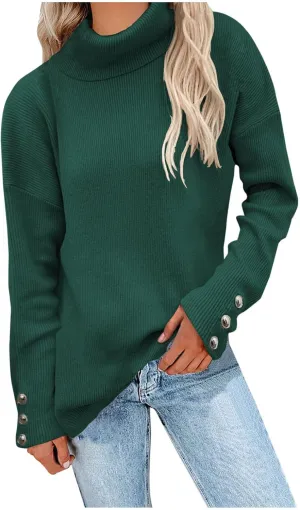 Womens 2023 Turtleneck Sweaters Long Sleeve Fall Sweaters Solid Ribbed Knitted Sweaters Casual Pullover Tops