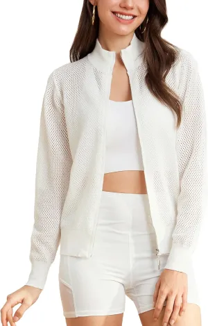 Women's 2025 Summer Mesh Cardigan Lightweight Long Sleeve Zip Up Crochet Knit Sweater Jacket Athleisure Outfits