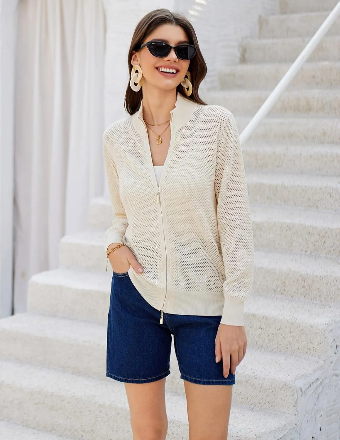 Women's 2025 Summer Mesh Cardigan Lightweight Long Sleeve Zip Up Crochet Knit Sweater Jacket Athleisure Outfits