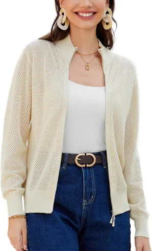 Women's 2025 Summer Mesh Cardigan Lightweight Long Sleeve Zip Up Crochet Knit Sweater Jacket Athleisure Outfits