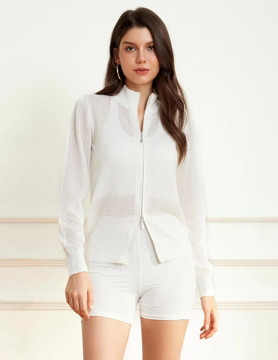 Women's 2025 Summer Mesh Cardigan Lightweight Long Sleeve Zip Up Crochet Knit Sweater Jacket Athleisure Outfits