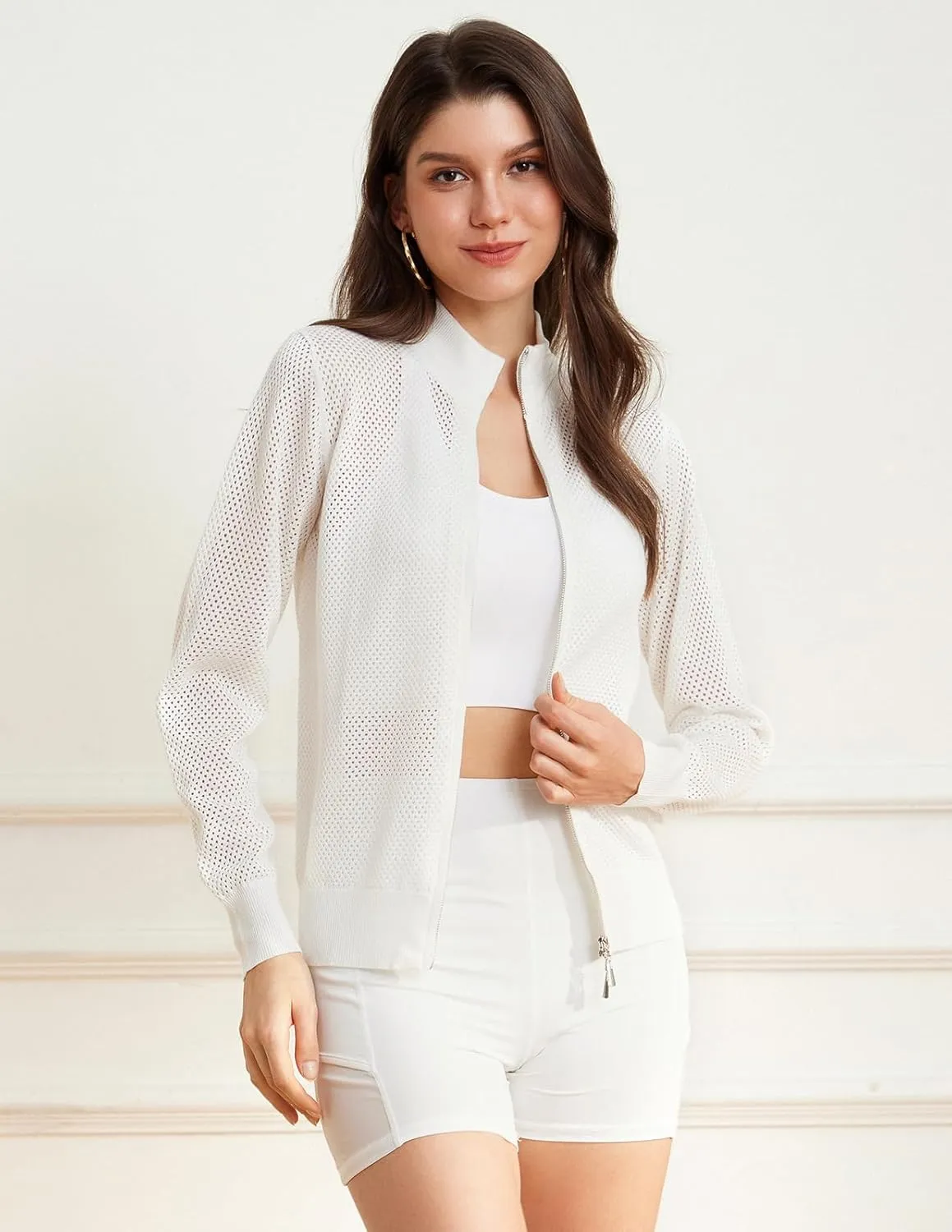 Women's 2025 Summer Mesh Cardigan Lightweight Long Sleeve Zip Up Crochet Knit Sweater Jacket Athleisure Outfits
