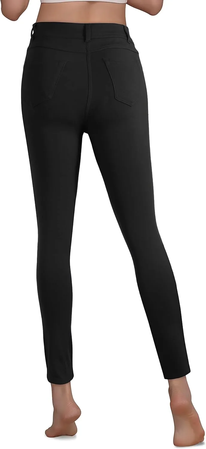 Womens Active High Waist Compression Button Up Spandex Yoga Jean Pants Stretchy Athleisure Daily Leggings