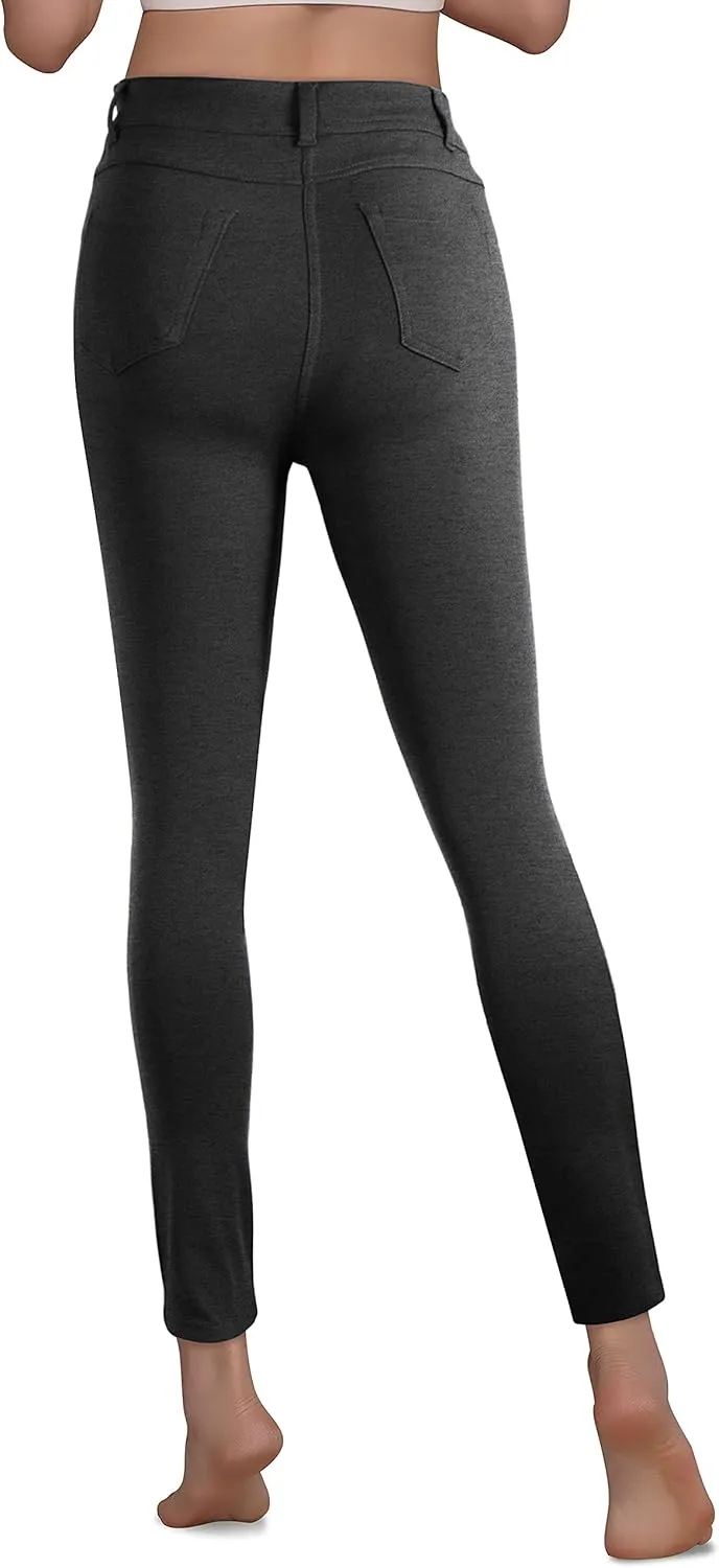 Womens Active High Waist Compression Button Up Spandex Yoga Jean Pants Stretchy Athleisure Daily Leggings