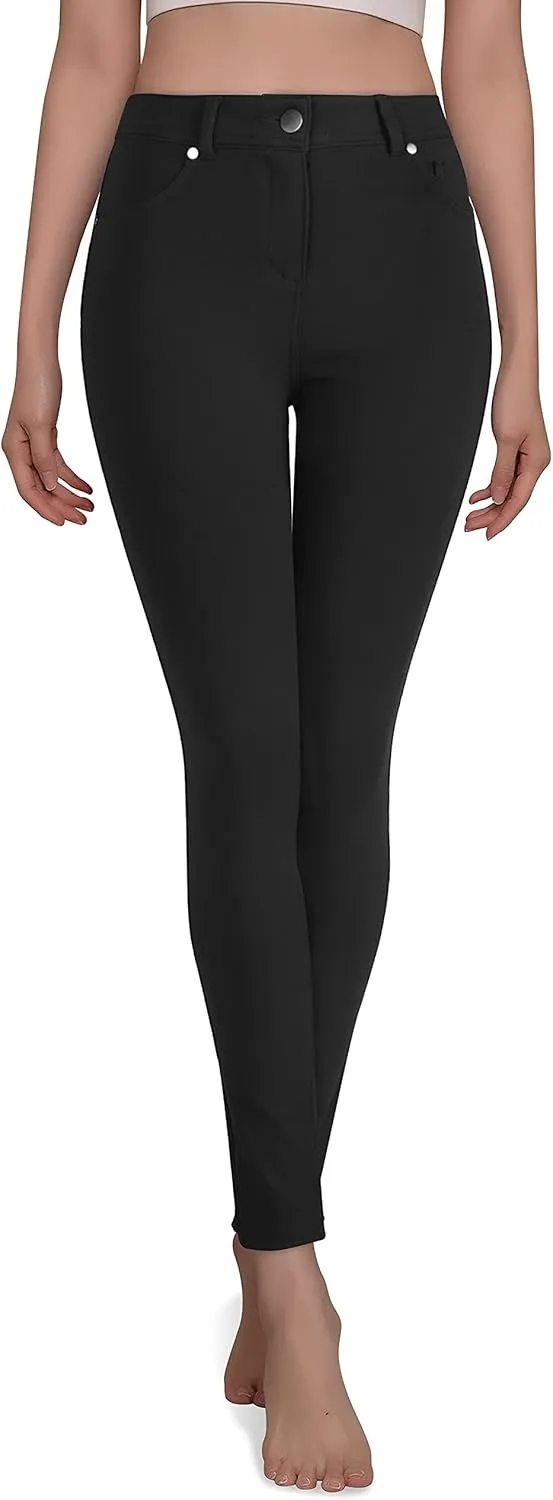 Womens Active High Waist Compression Button Up Spandex Yoga Jean Pants Stretchy Athleisure Daily Leggings