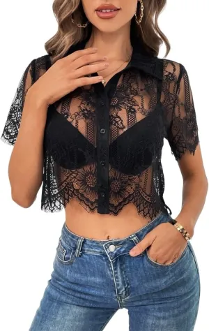 Women's Blouses Shirts Lace Button Front Shirt Without Bra Short Sleeve Tops Trendy Tshirts Tops
