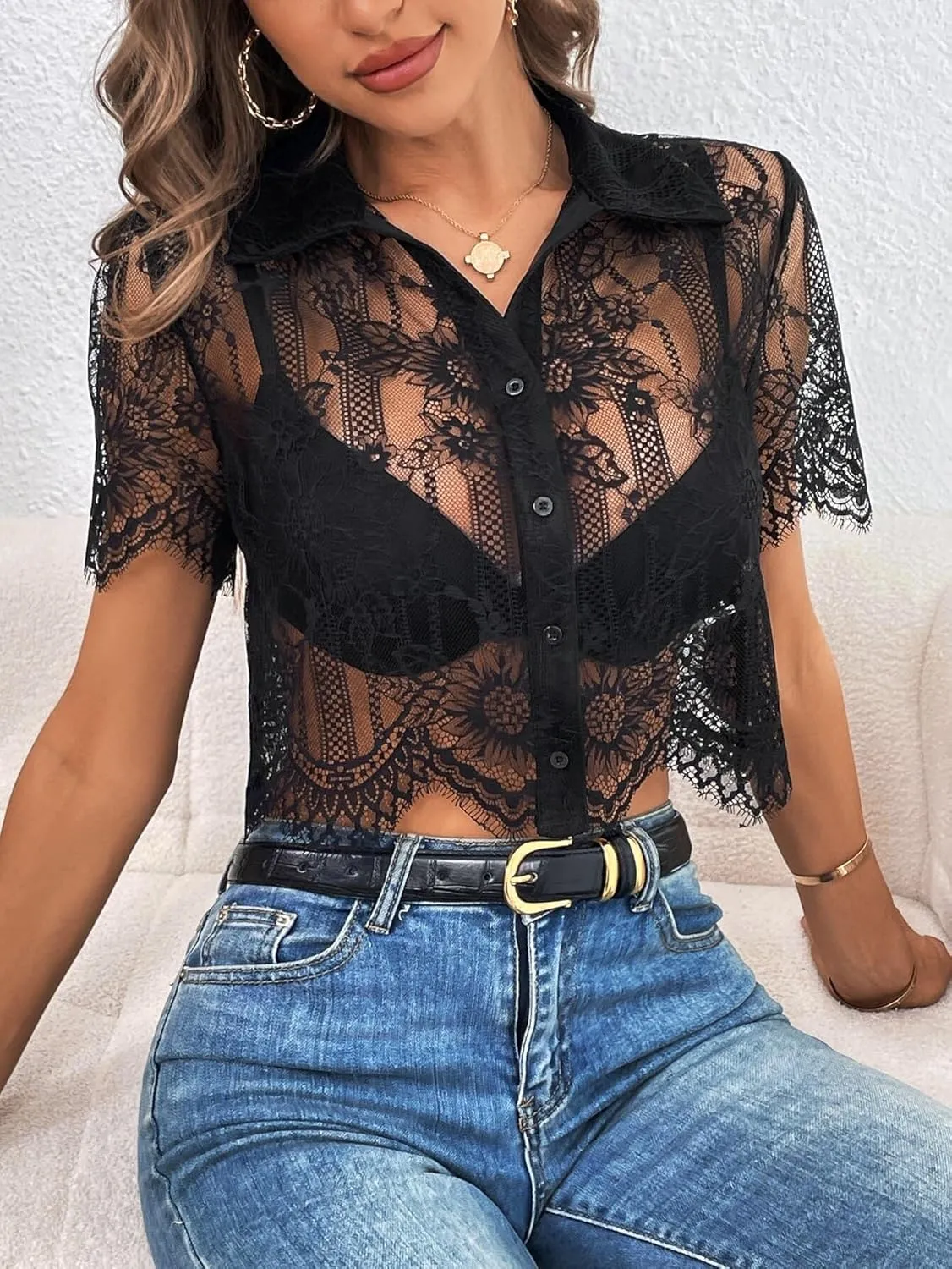 Women's Blouses Shirts Lace Button Front Shirt Without Bra Short Sleeve Tops Trendy Tshirts Tops