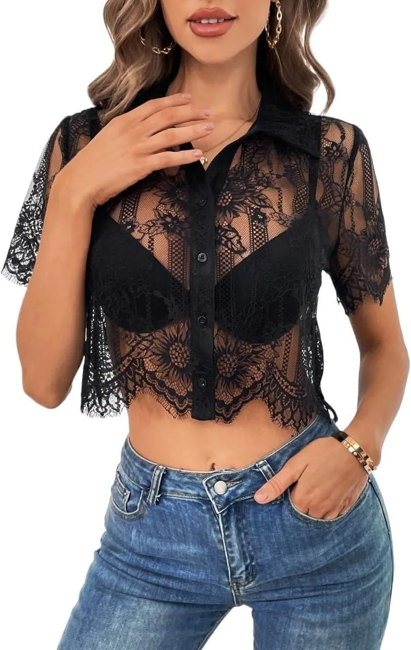 Women's Blouses Shirts Lace Button Front Shirt Without Bra Short Sleeve Tops Trendy Tshirts Tops