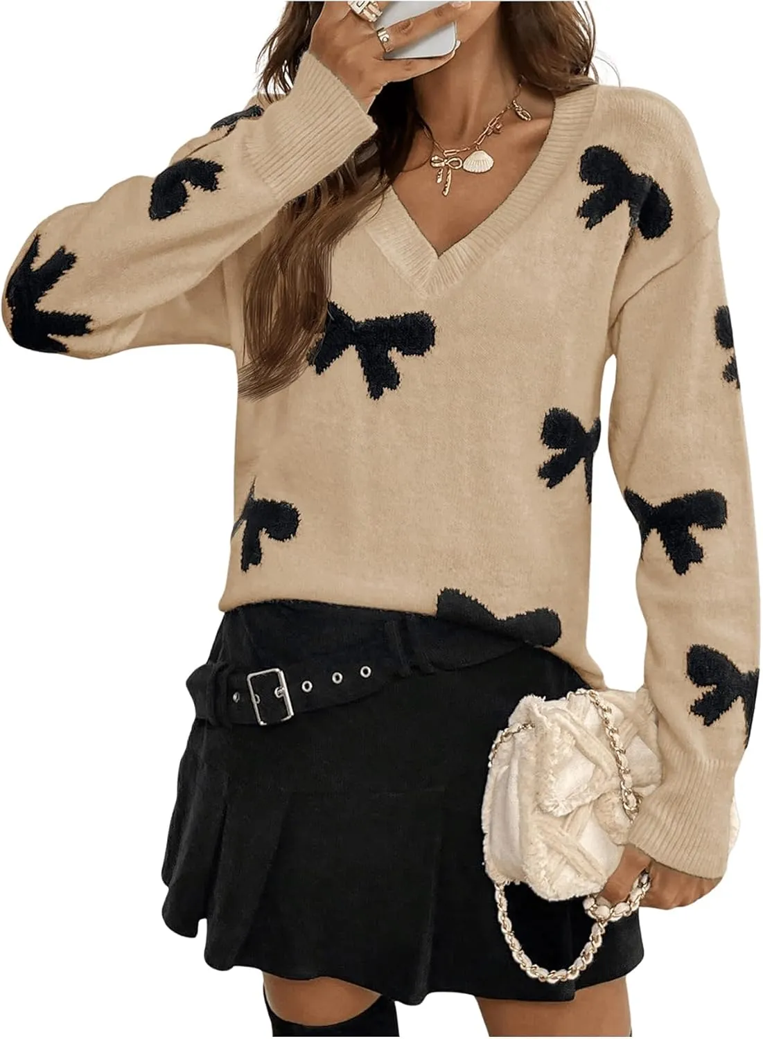 Women's Bow Print Sweaters V Neck Lightweight Sweater Long Sleeve Pullovers Knit Top