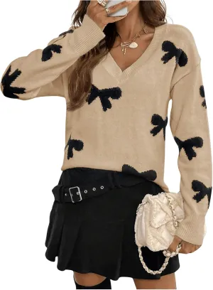 Women's Bow Print Sweaters V Neck Lightweight Sweater Long Sleeve Pullovers Knit Top
