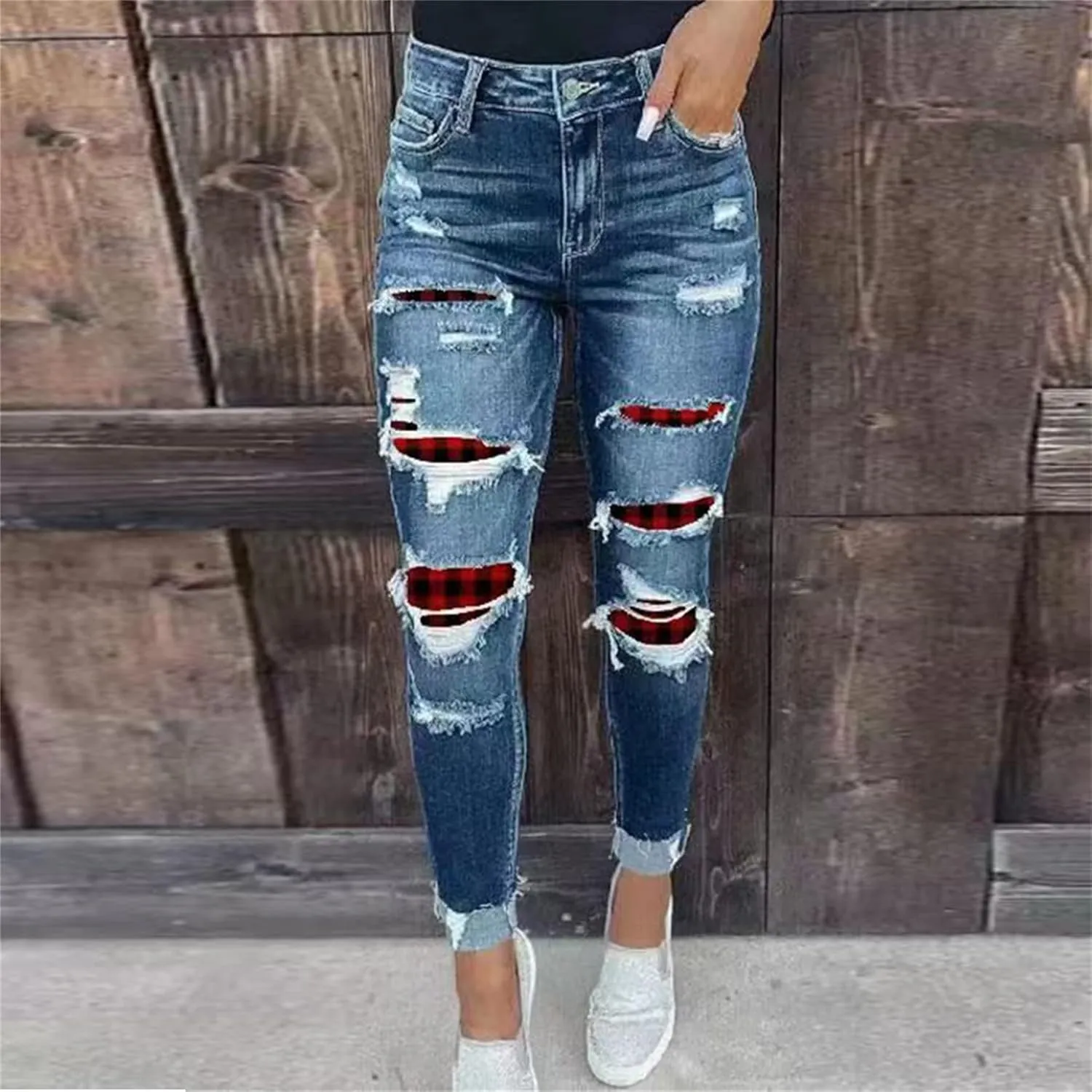 Women's Butt Lift Ripped Denim Skinny Jeans Cute Distressed Jeans Stretch Skinny Comfy Jeans with Hole (Large,Blue 2)