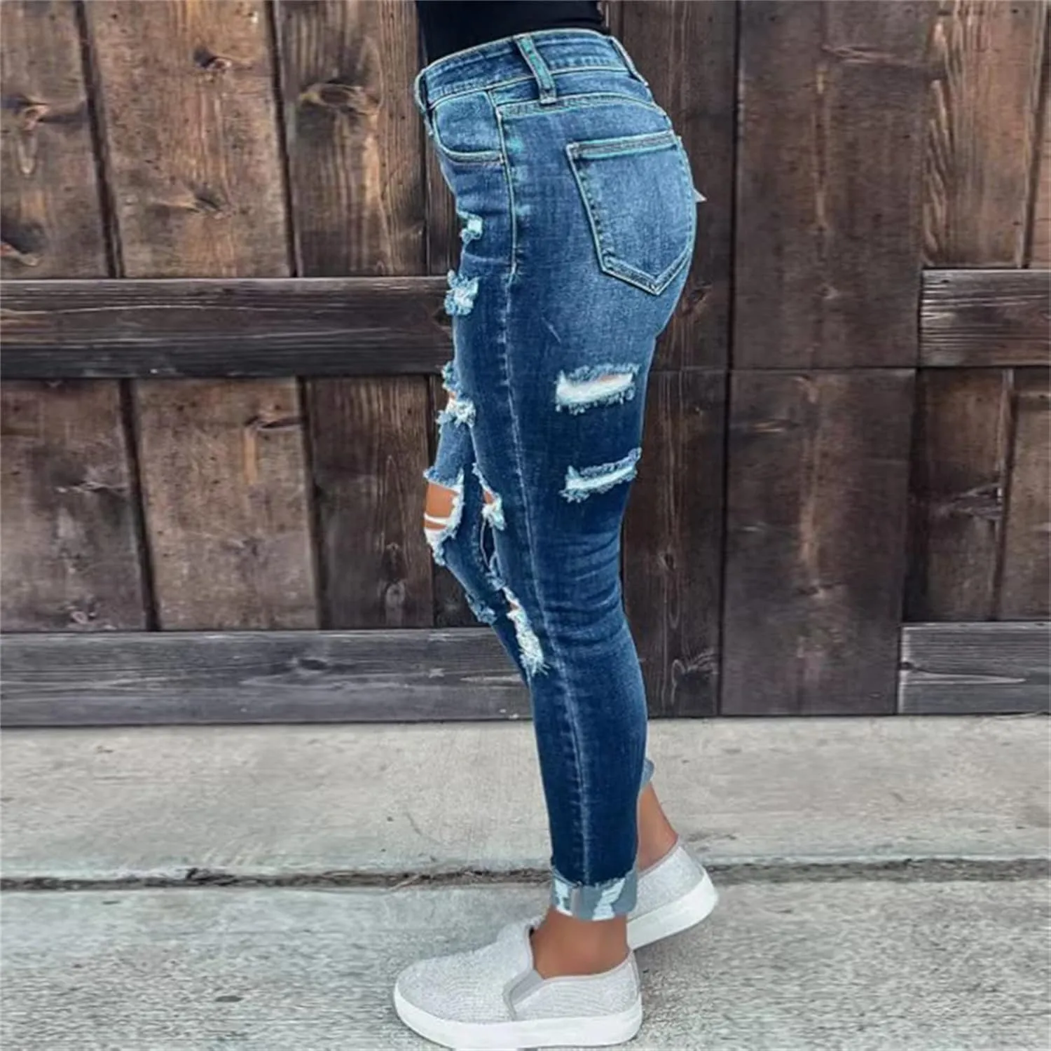 Women's Butt Lift Ripped Denim Skinny Jeans Cute Distressed Jeans Stretch Skinny Comfy Jeans with Hole (Large,Blue 2)