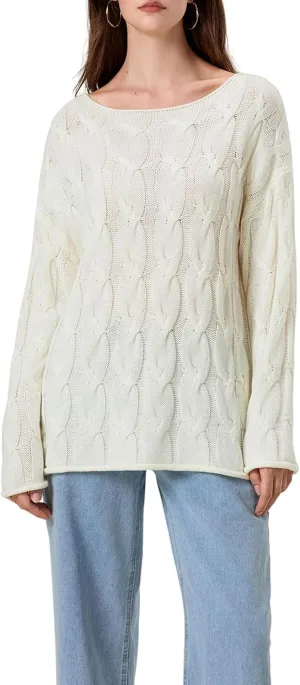 Women's Cable Knitted Sweaters Hollow Long Sleeve Scoop Neck Loose Fall Pullovers
