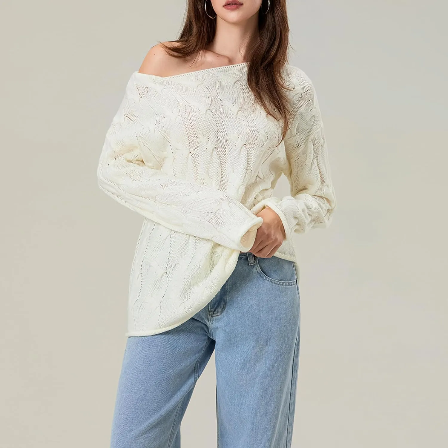 Women's Cable Knitted Sweaters Hollow Long Sleeve Scoop Neck Loose Fall Pullovers