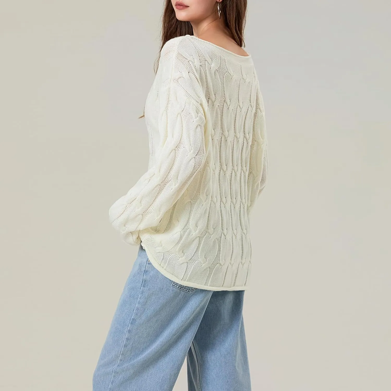 Women's Cable Knitted Sweaters Hollow Long Sleeve Scoop Neck Loose Fall Pullovers