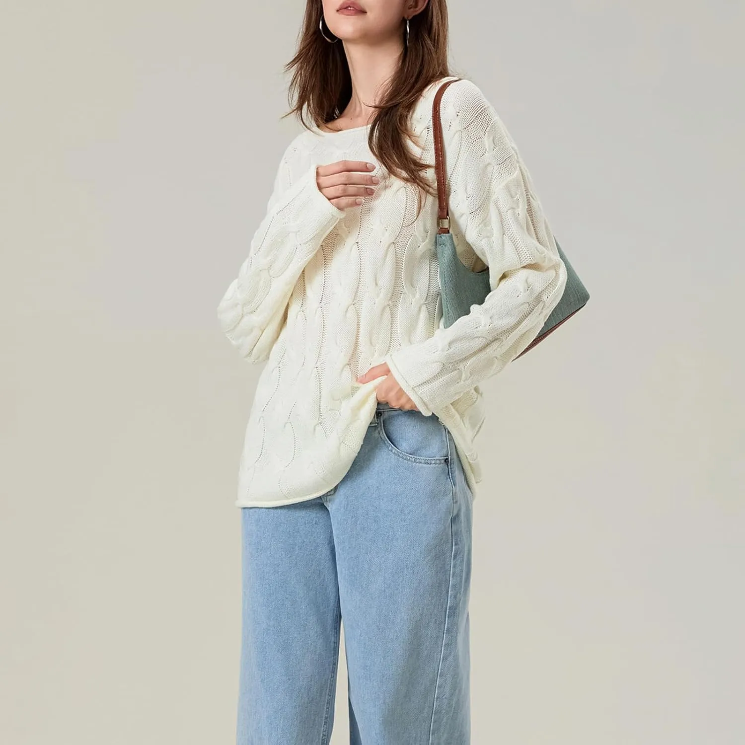 Women's Cable Knitted Sweaters Hollow Long Sleeve Scoop Neck Loose Fall Pullovers