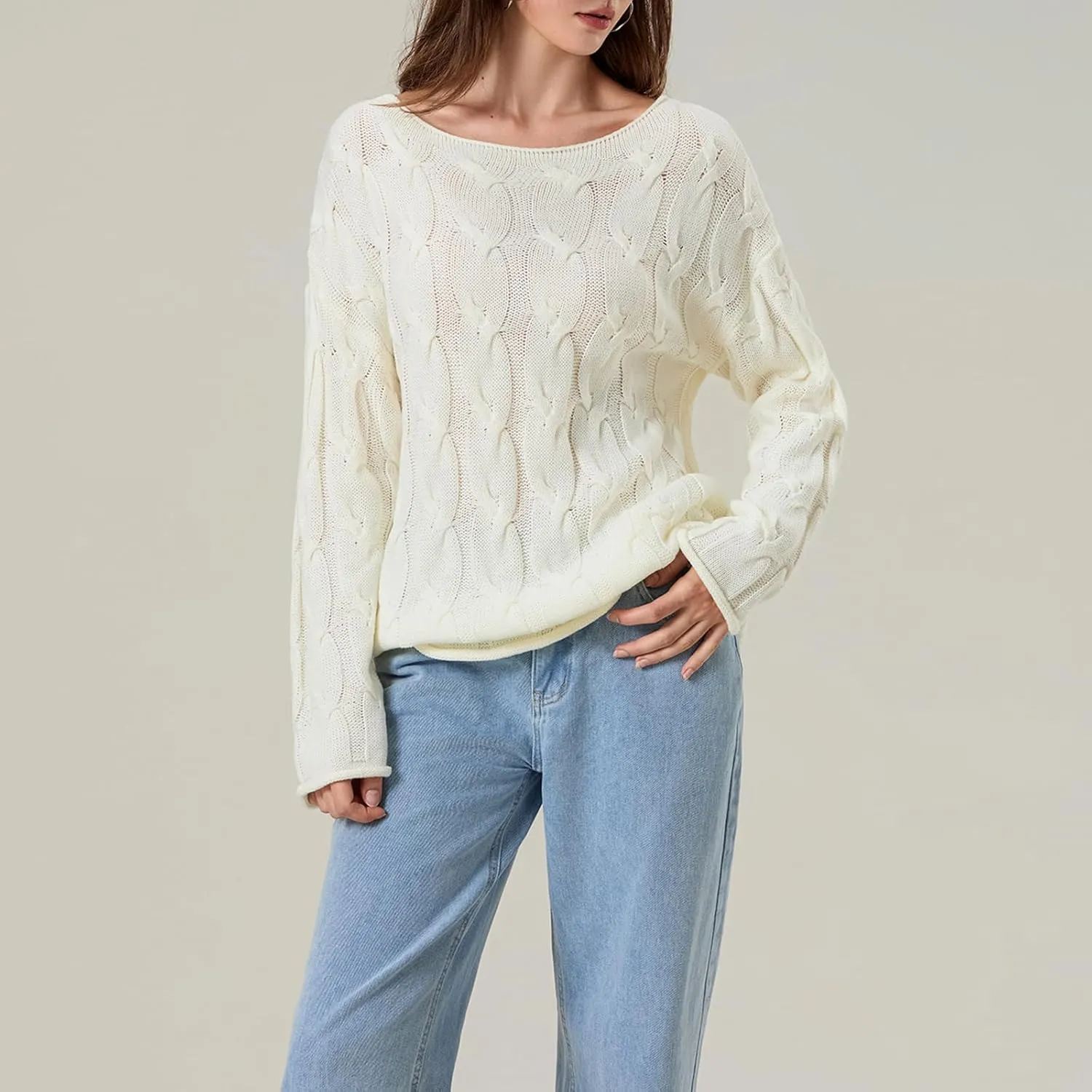 Women's Cable Knitted Sweaters Hollow Long Sleeve Scoop Neck Loose Fall Pullovers
