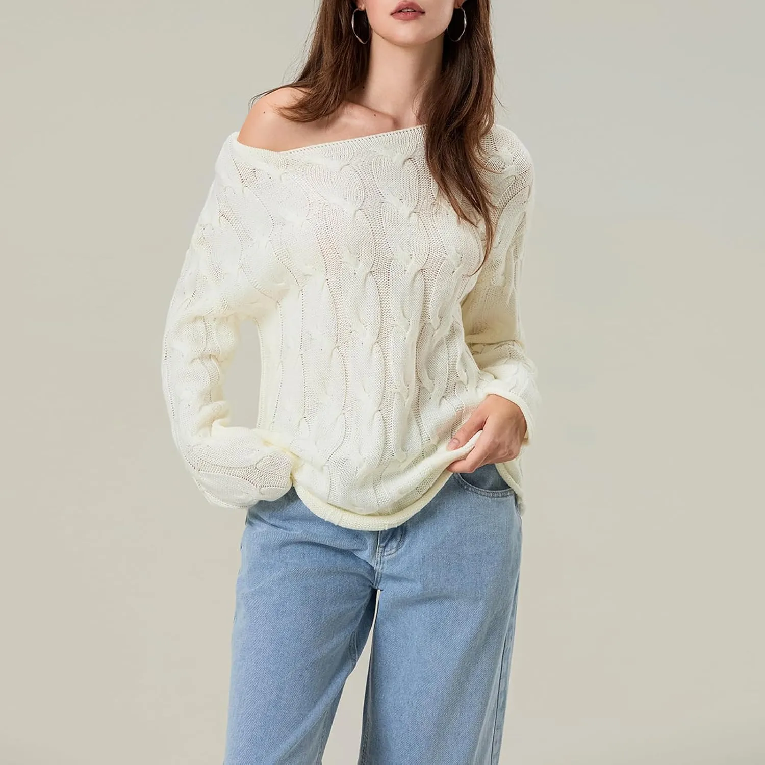 Women's Cable Knitted Sweaters Hollow Long Sleeve Scoop Neck Loose Fall Pullovers