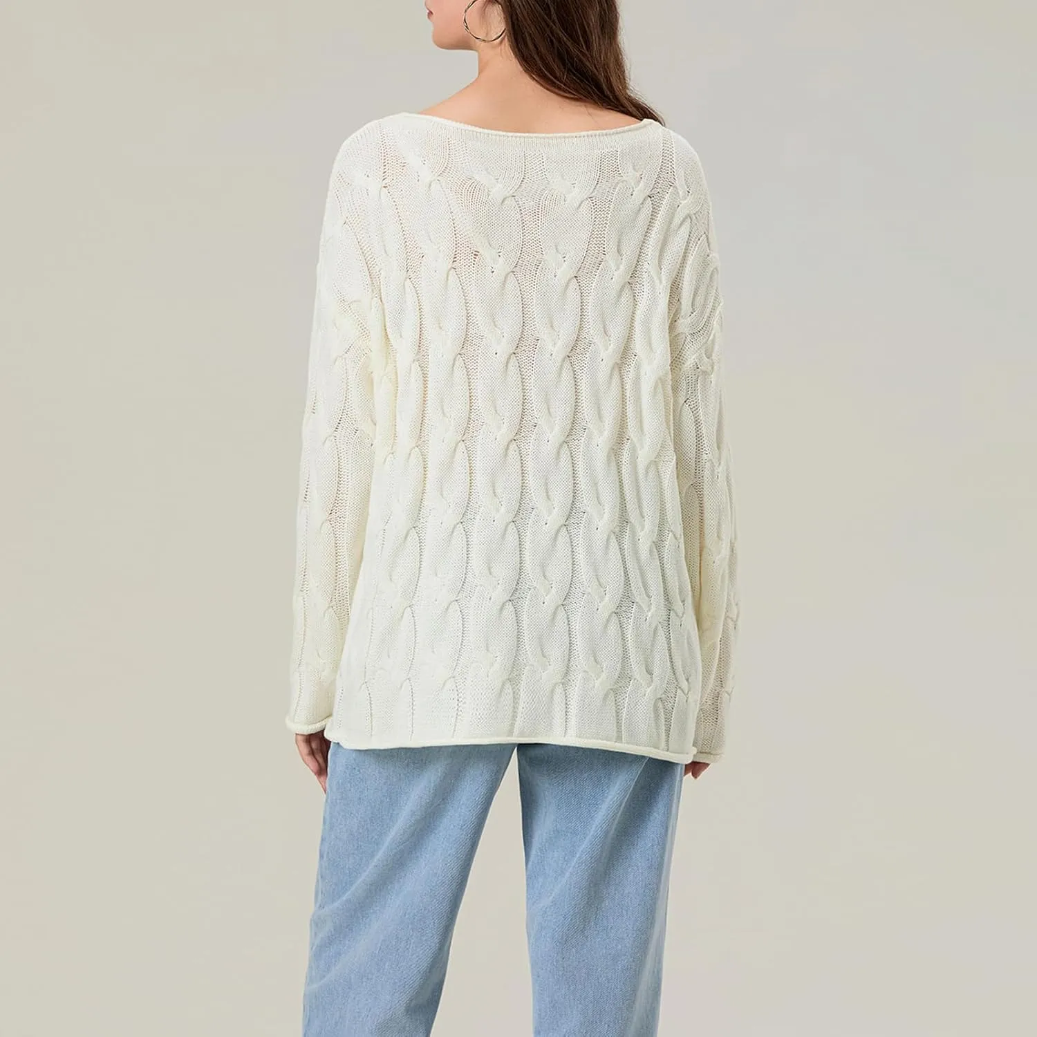 Women's Cable Knitted Sweaters Hollow Long Sleeve Scoop Neck Loose Fall Pullovers