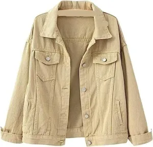 Women's Candy Color Denim Jacket Relaxed Fit Casual Denim Trucker Jacket Men's Attack Pullover (Color : Khaki, Size : Large)