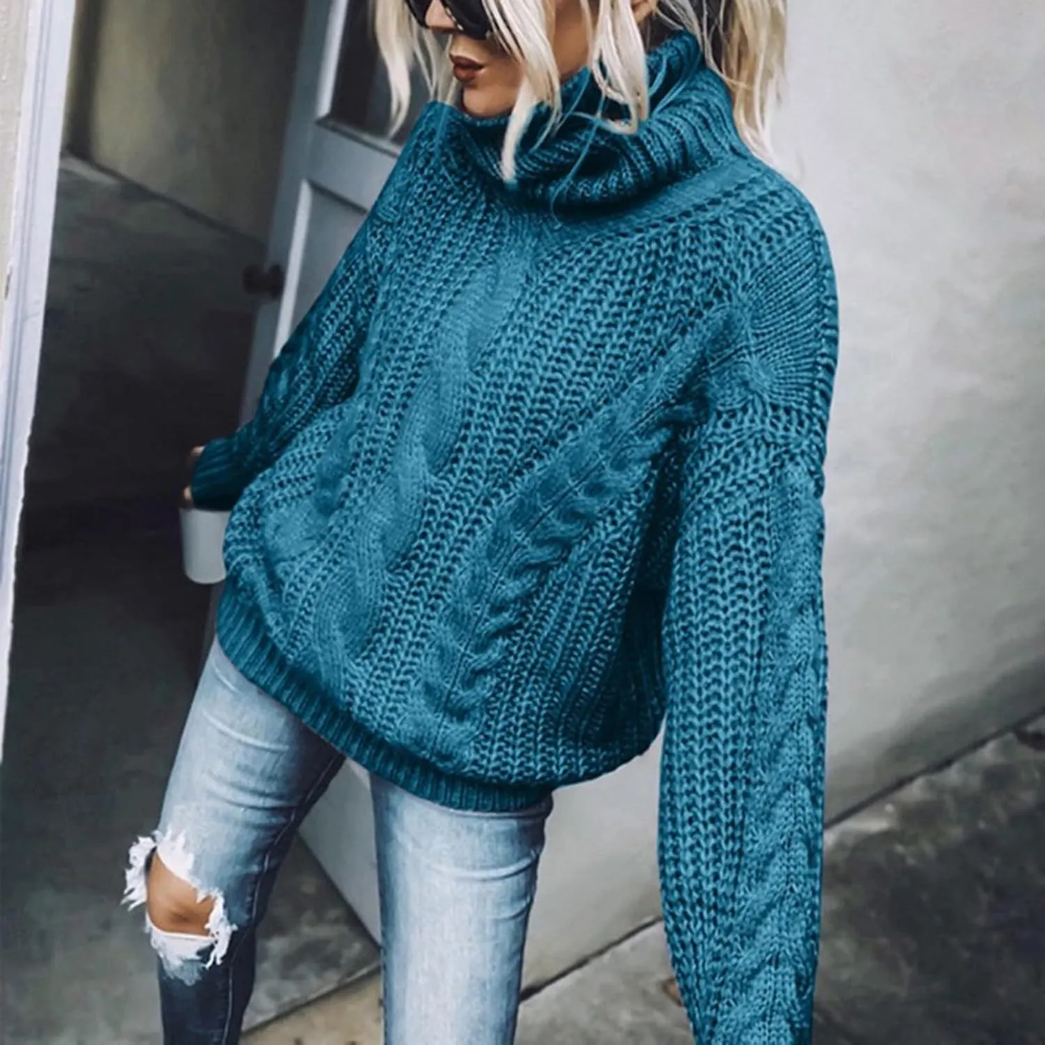 Womens Casual Long Sleeve Turtleneck Sweaters Knit Cable Chunky Pullover Oversized Sweaters Fashion Fall Outfits 2023