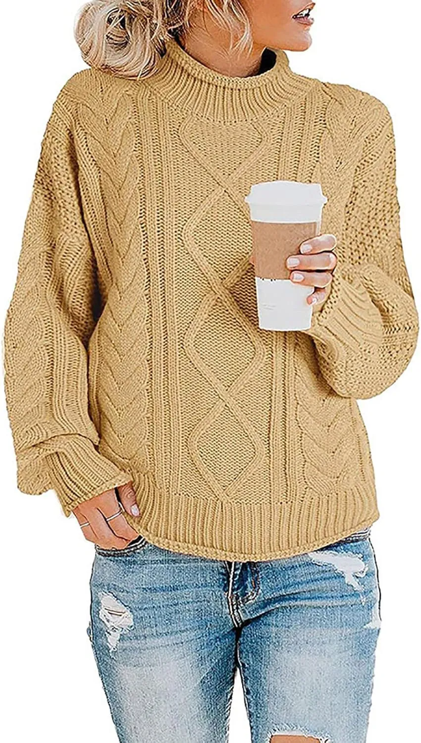 Womens Chunky Knitted Sweaters 2023 Fall Turtleneck Sweaters Loose Oversized Pullover Sweaters Batwing Sleeve Tops