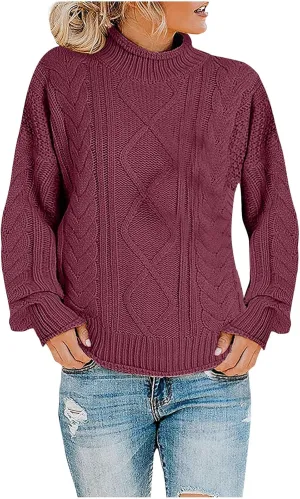 Womens Chunky Knitted Sweaters 2023 Fall Turtleneck Sweaters Loose Oversized Pullover Sweaters Batwing Sleeve Tops