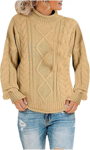 Womens Chunky Knitted Sweaters 2023 Fall Turtleneck Sweaters Loose Oversized Pullover Sweaters Batwing Sleeve Tops