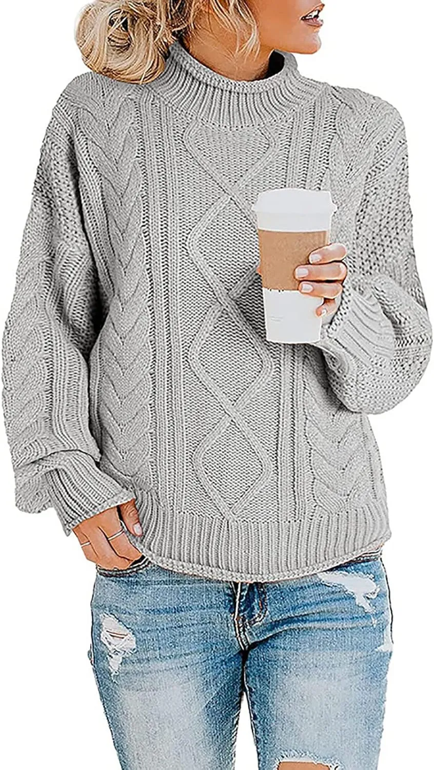 Womens Chunky Knitted Sweaters 2023 Fall Turtleneck Sweaters Loose Oversized Pullover Sweaters Batwing Sleeve Tops
