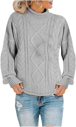 Womens Chunky Knitted Sweaters 2023 Fall Turtleneck Sweaters Loose Oversized Pullover Sweaters Batwing Sleeve Tops