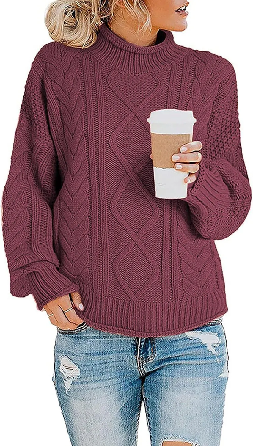 Womens Chunky Knitted Sweaters 2023 Fall Turtleneck Sweaters Loose Oversized Pullover Sweaters Batwing Sleeve Tops