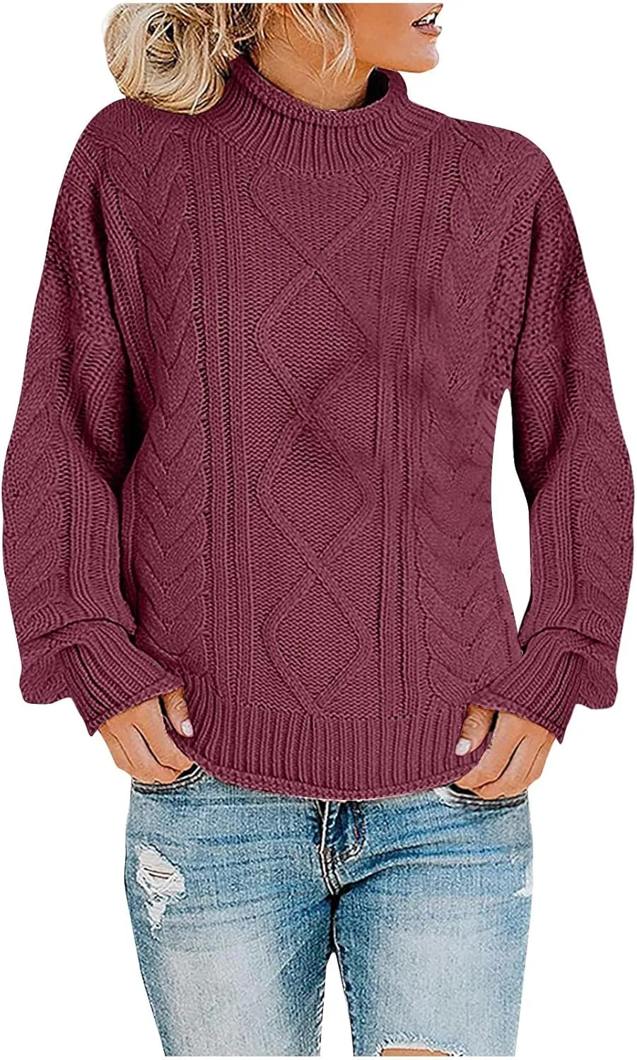 Womens Chunky Knitted Sweaters 2023 Fall Turtleneck Sweaters Loose Oversized Pullover Sweaters Batwing Sleeve Tops