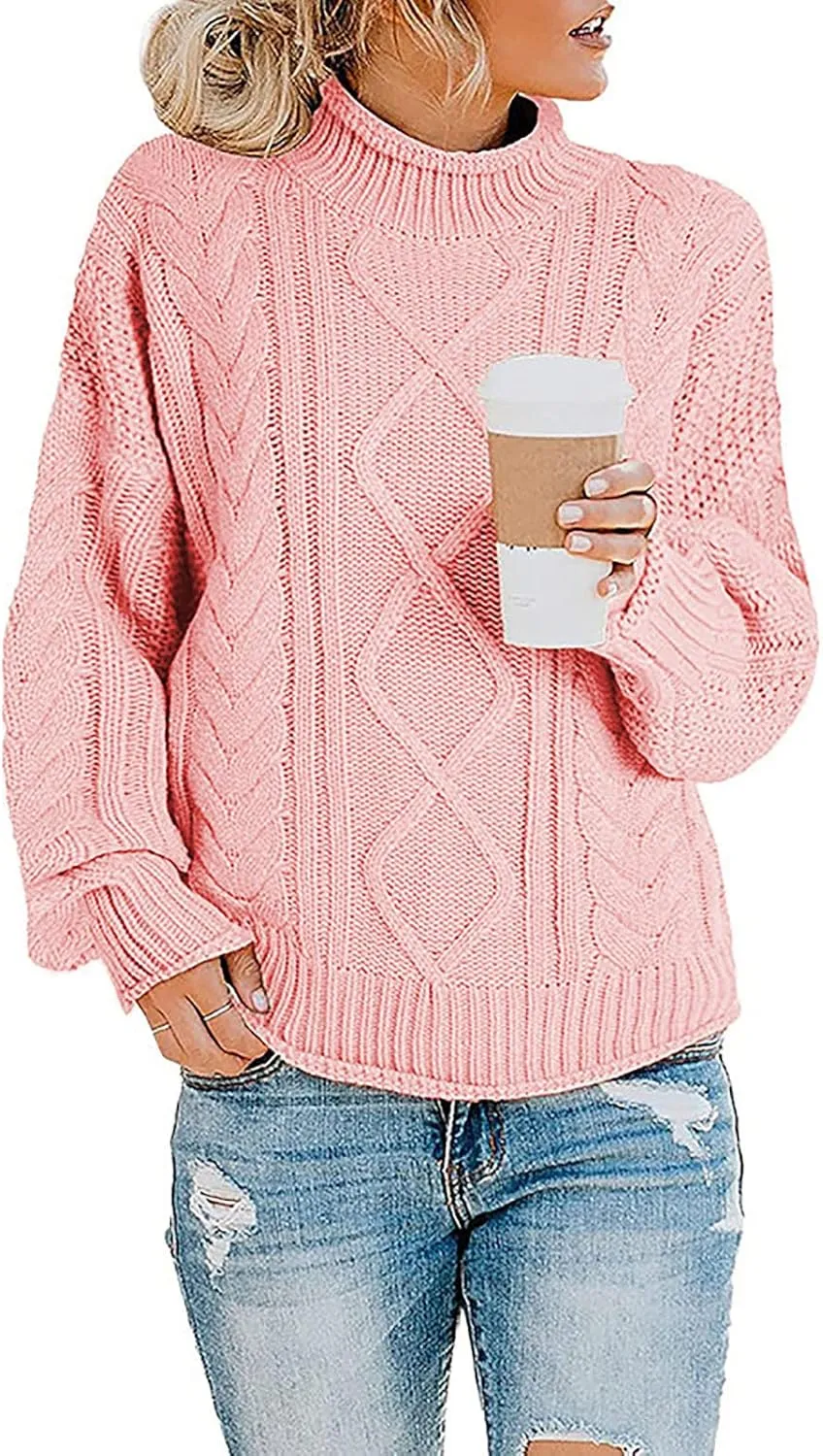 Womens Chunky Knitted Sweaters 2023 Fall Turtleneck Sweaters Loose Oversized Pullover Sweaters Batwing Sleeve Tops