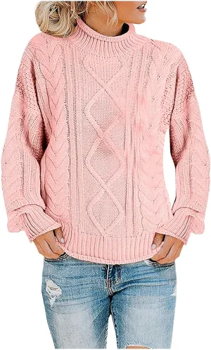 Womens Chunky Knitted Sweaters 2023 Fall Turtleneck Sweaters Loose Oversized Pullover Sweaters Batwing Sleeve Tops