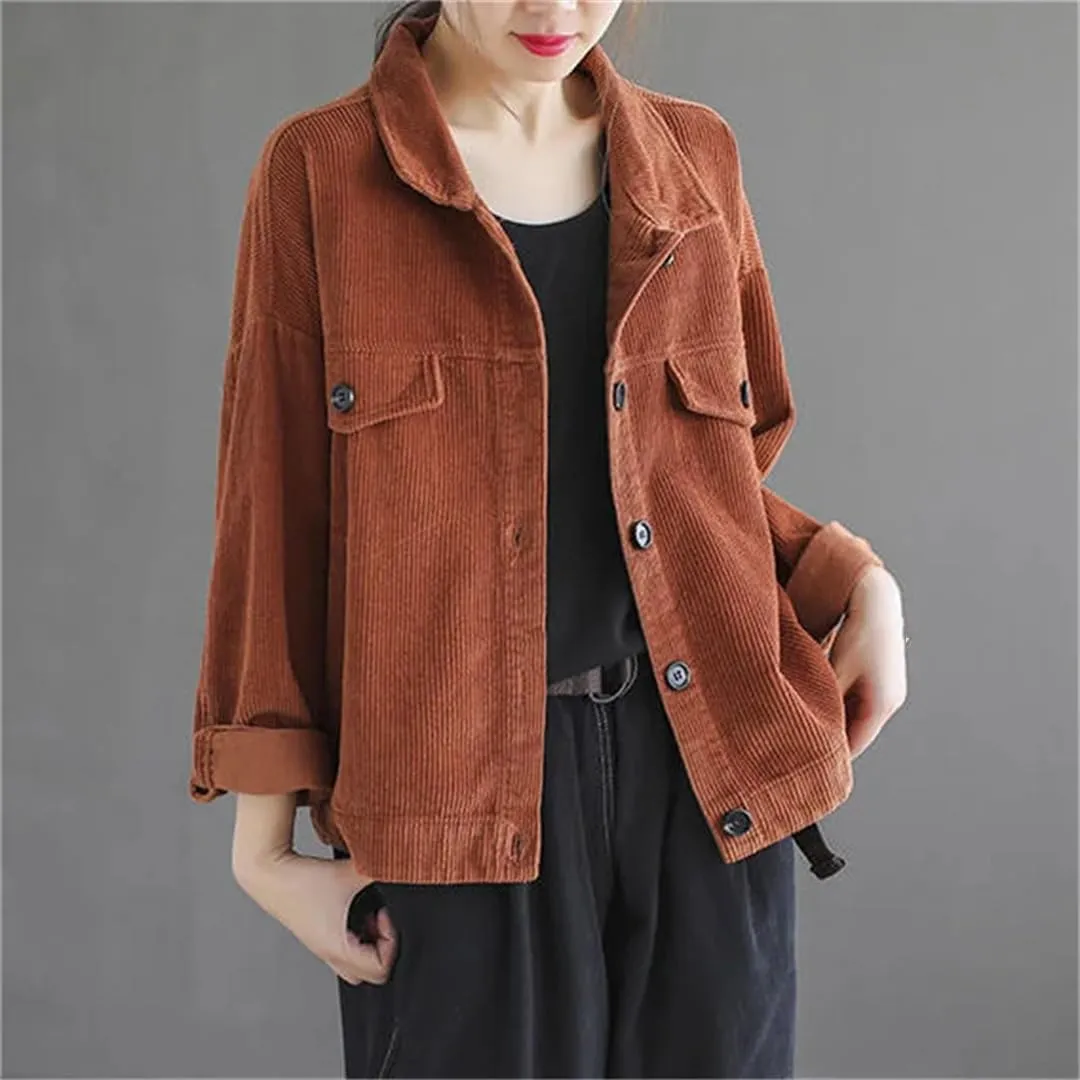 Women's Corduroy Denim Jacket Short Solid Lapel Office Denim Jacket